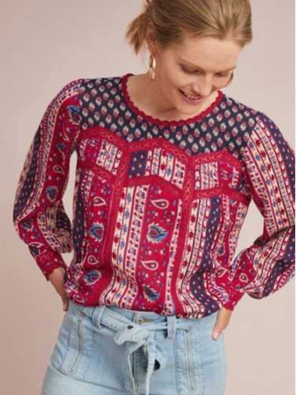 Anthropologie Maeve Gretchen Patchwork Paisley Blouse Semi-Sheer Boho Scalloped